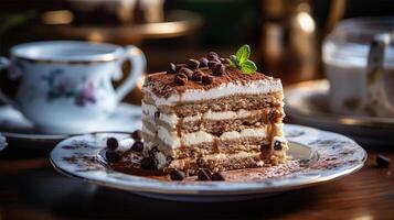 ai generado Tiramisu pastel rebanada con capas de mascarpone crema y chocolate virutas en un antiguo plata plato, ángulo medio Disparo foto