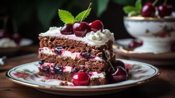 AI generated A slice of Black Forest Cake on a vintage plate, Mid-angle Shot photo