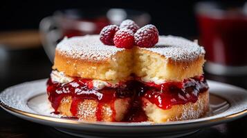 AI generated Victoria Sponge Cake with fluffy texture, strawberry jam filling, and topped with powdered sugar placed on white plate, Close-up Shot photo