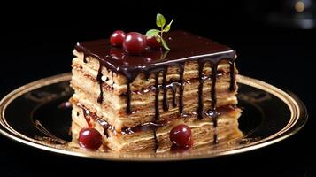 AI generated Opera cake with chocolate glaze and layers of almond visible from the side set against a black backdrop, Macro Shot photo