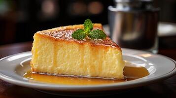 AI generated A slice of classic New York cheesecake on a porcelain plate, Close-up Shot photo