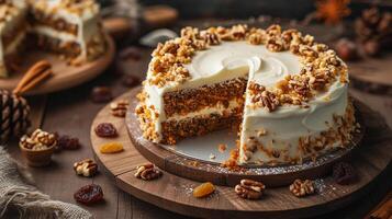 AI generated A homemade Carrot Cake presented on a rustic wooden table, Mid-angle Shot photo