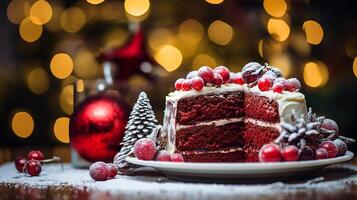 ai generado un rojo terciopelo pastel decorado con con tema de invierno decoraciones, festivo Disparo foto