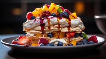 AI generated A slice of Pavlova cake filled with whipped cream and topped with fresh fruits placed on an antique porcelain plate, Macro Shot photo