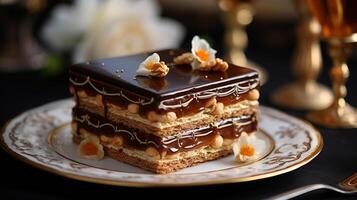 AI generated A full Opera cake with signature layers visible from the side, placed on a vintage silver tray with a lace background, Close-up Shot photo