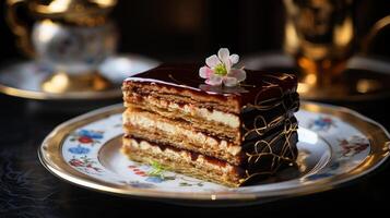 AI generated A slice of Opera cake with signature layers visible placed on a antique plate, Mid-angle Shot photo