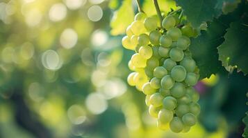 ai generado maduro blanco uvas en viñedo en soleado día. de cerca foto