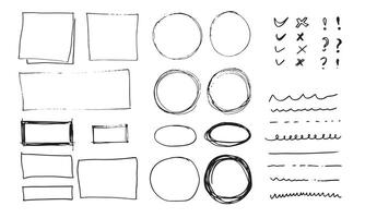 Doodle vector lines and curves.Hand drawn check and arrows signs. Set of simple doodle lines, curves, frames and spots. Collection of pencil effects. Doodle border. Simple doodle set.