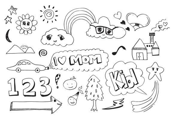 hand-drawn cute doodle set on white background. doodle design elements.doodle kids for decoration and coloring page.