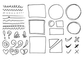 Doodle vector lines and curves.Hand drawn check and arrows signs. Set of simple doodle lines, curves, frames and spots. Collection of pencil effects. Doodle border. Simple doodle set.