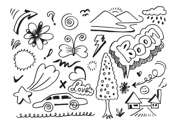 hand-drawn cute doodle set on white background. doodle design elements.doodle kids for decoration and coloring page.
