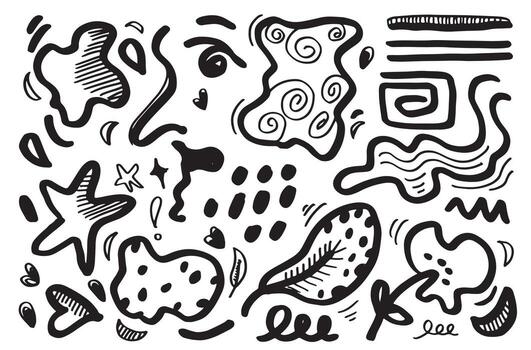 set of Hand drawn various black and white shapes and doodle objects. Abstract vector illustration.