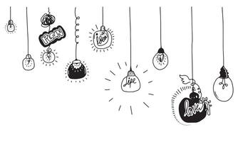 Hand drawn light bulb icons with concept of idea. Doodle style. Vector illustration.