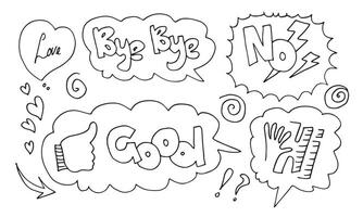 Hand drawn set of speech bubbles with handwritten text love,good,bye bye,no,hi. vector