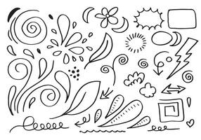 Hand drawn doodle design elements, black on white background. wind, swoops, emphasis, Arrow, cloud, line, leaf. doodle sketch design elements vector