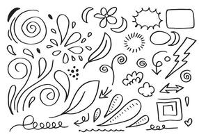 Hand drawn doodle design elements, black on white background. wind, swoops, emphasis, Arrow, cloud, line, leaf. doodle sketch design elements vector