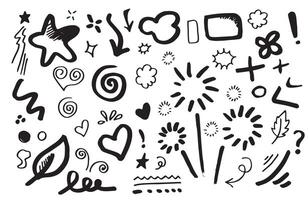 Hand drawn set elements, black on white background. Arrow, heart, love, star, leaf, sun, light, flower, crown, king, queen,Swishes, swoops, emphasis ,swirl, heart, for vector