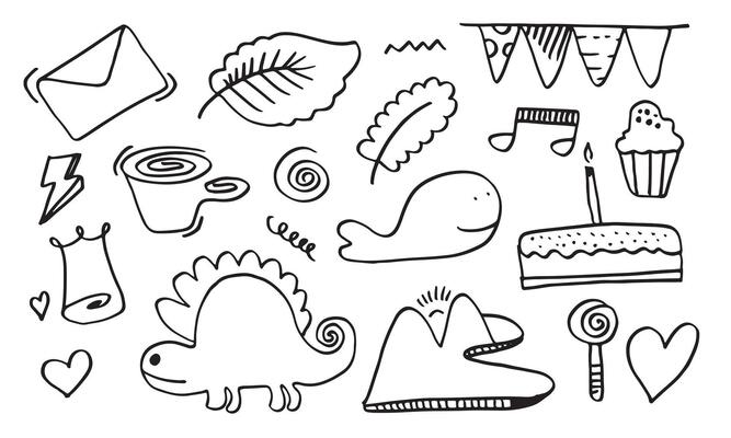 hand-drawn kids doodle set on white background.