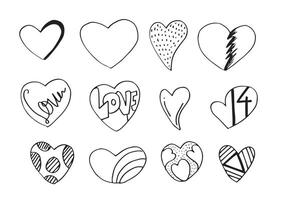 hand drawn doodles set for Valentine's Day. collection of beautiful hearts and writings Love. Vector illustration.