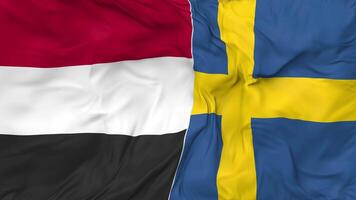 Yemen and Sweden Flags Together Seamless Looping Background, Looped Bump Texture Cloth Waving Slow Motion, 3D Rendering video