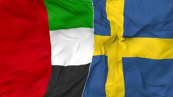 United Arab Emirates and Sweden Flags Together Seamless Looping Background, Looped Bump Texture Cloth Waving Slow Motion, 3D Rendering video
