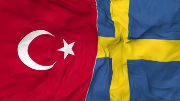 Turquía y Suecia banderas juntos sin costura bucle fondo, serpenteado bache textura paño ondulación lento movimiento, 3d representación video