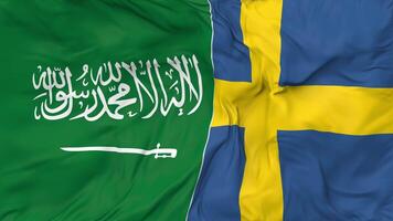 ksa, Reino de saudi arabia y Suecia banderas juntos sin costura bucle fondo, serpenteado bache textura paño ondulación lento movimiento, 3d representación video
