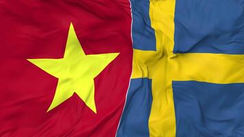 Vietnam en Zweden vlaggen samen naadloos looping achtergrond, lusvormige buil structuur kleding golvend langzaam beweging, 3d renderen video