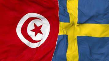 Tunisia and Sweden Flags Together Seamless Looping Background, Looped Bump Texture Cloth Waving Slow Motion, 3D Rendering video