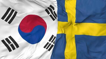 South Korea and Sweden Flags Together Seamless Looping Background, Looped Bump Texture Cloth Waving Slow Motion, 3D Rendering video