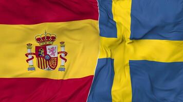 España y Suecia banderas juntos sin costura bucle fondo, serpenteado bache textura paño ondulación lento movimiento, 3d representación video