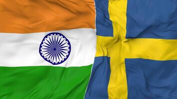 India and Sweden Flags Together Seamless Looping Background, Looped Bump Texture Cloth Waving Slow Motion, 3D Rendering video