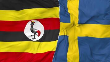 Uganda and Sweden Flags Together Seamless Looping Background, Looped Bump Texture Cloth Waving Slow Motion, 3D Rendering video