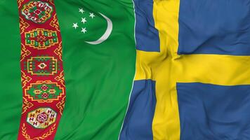 turkmenistan en Zweden vlaggen samen naadloos looping achtergrond, lusvormige buil structuur kleding golvend langzaam beweging, 3d renderen video