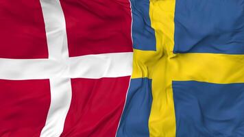 Denmark and Sweden Flags Together Seamless Looping Background, Looped Bump Texture Cloth Waving Slow Motion, 3D Rendering video