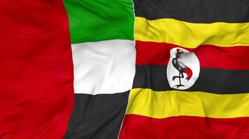 United Arab Emirates and Uganda Flags Together Seamless Looping Background, Looped Bump Texture Cloth Waving Slow Motion, 3D Rendering video