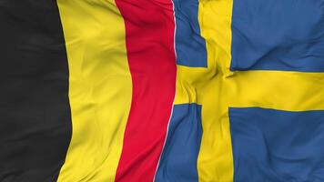 Belgium and Sweden Flags Together Seamless Looping Background, Looped Bump Texture Cloth Waving Slow Motion, 3D Rendering video