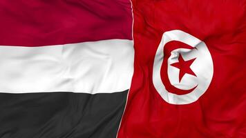 Yemen and Tunisia Flags Together Seamless Looping Background, Looped Bump Texture Cloth Waving Slow Motion, 3D Rendering video