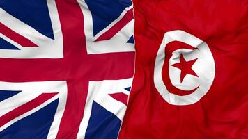 Unidos reino e Tunísia bandeiras juntos desatado looping fundo, em loop colisão textura pano acenando lento movimento, 3d Renderização video