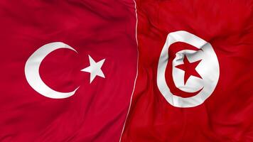 Turkey and Tunisia Flags Together Seamless Looping Background, Looped Bump Texture Cloth Waving Slow Motion, 3D Rendering video