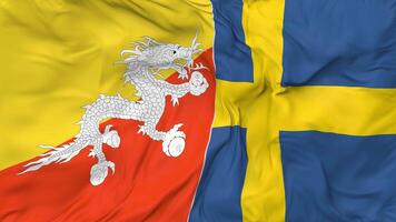 Bhutan and Sweden Flags Together Seamless Looping Background, Looped Bump Texture Cloth Waving Slow Motion, 3D Rendering video