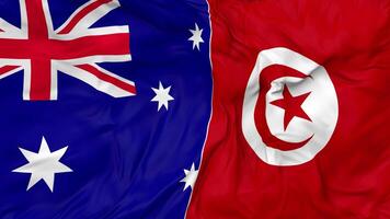 Australië en Tunesië vlaggen samen naadloos looping achtergrond, lusvormige buil structuur kleding golvend langzaam beweging, 3d renderen video
