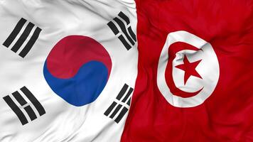 South Korea and Tunisia Flags Together Seamless Looping Background, Looped Bump Texture Cloth Waving Slow Motion, 3D Rendering video