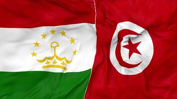 Tajikistan and Tunisia Flags Together Seamless Looping Background, Looped Bump Texture Cloth Waving Slow Motion, 3D Rendering video