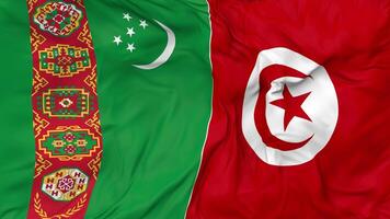 Turkmenistan and Tunisia Flags Together Seamless Looping Background, Looped Bump Texture Cloth Waving Slow Motion, 3D Rendering video