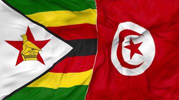 Zimbabwe and Tunisia Flags Together Seamless Looping Background, Looped Bump Texture Cloth Waving Slow Motion, 3D Rendering video