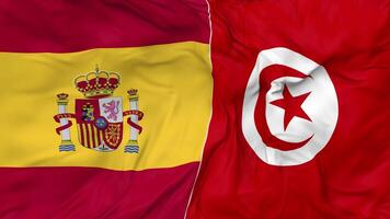 Spain and Tunisia Flags Together Seamless Looping Background, Looped Bump Texture Cloth Waving Slow Motion, 3D Rendering video