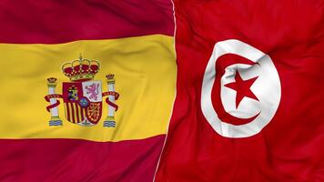 Spain and Tunisia Flags Together Seamless Looping Background, Looped Bump Texture Cloth Waving Slow Motion, 3D Rendering video