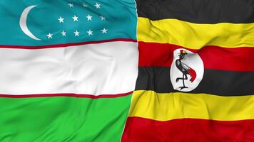 Uzbekistan and Uganda Flags Together Seamless Looping Background, Looped Bump Texture Cloth Waving Slow Motion, 3D Rendering video