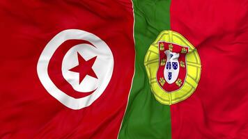 Portugal and Tunisia Flags Together Seamless Looping Background, Looped Bump Texture Cloth Waving Slow Motion, 3D Rendering video